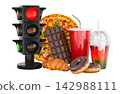 Traffic light and junk food selection concept with pizza, donuts and soft drinks. 3D rendering 142988111