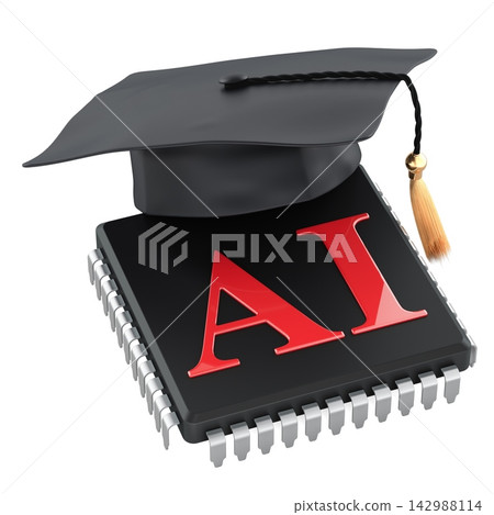 AI education and artificial intelligence training with graduation cap on microchip. 3D rendering AI education and artificial intelligence training with graduation cap on microchip. 3D rendering 142988114