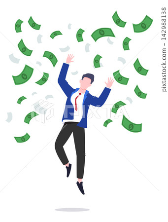 Successful person celebrates under currency notes rain stock illustration. Successful person celebrates under currency notes rain stock illustration. 142988138