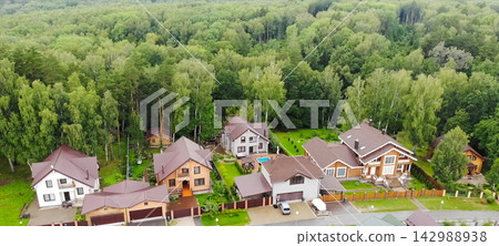 Holiday village, view from above. Village in spring from above, houses and gardens. Holiday village, view from above. Village in spring from above, houses and gardens. 142988938