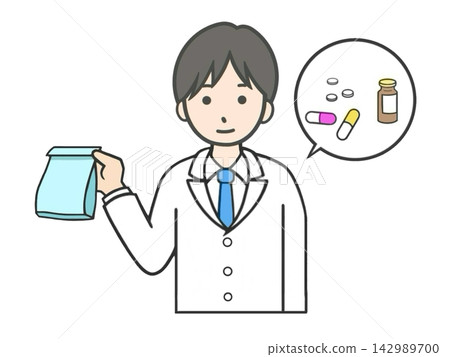 男性藥劑師處理藥品的插圖(圖示)。 男性藥劑師處理藥品的插圖(圖示)。 142989700
