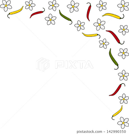 Corner frame shows scattered chili peppers and white flowers on white along the top and right edges. Vector illustration Food poster, recipe pages, menu or botanical packaging designs Copy space Blank Corner frame shows scattered chili peppers and white flowers on white along the top and right edges. Vector illustration Food poster, recipe pages, menu or botanical packaging designs Copy space Blank 142990350