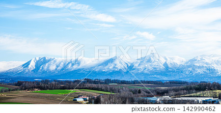 北海道美瑛市壯麗的秋景,藍天白雲,遠處是白雪皚皚的十勝山脈。 北海道美瑛市壯麗的秋景,藍天白雲,遠處是白雪皚皚的十勝山脈。 142990462