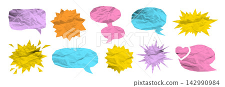 Hand cut crumpled paper speech bubble set halftone dotted texture irregular notebook dialog balloon Hand cut crumpled paper speech bubble set halftone dotted texture irregular notebook dialog balloon 142990984