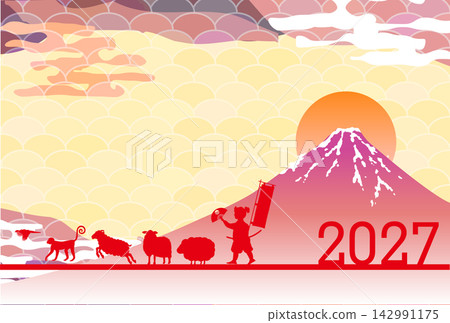 Japanese-style design featuring Mount Fuji, a sunrise, and animal silhouettes. Japanese-style design featuring Mount Fuji, a sunrise, and animal silhouettes. 142991175