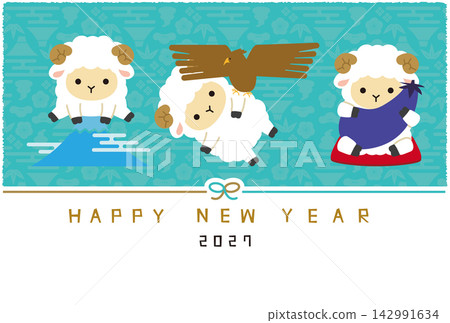 2027 羊年新年賀卡:日式綿羊插圖,薄荷藍,適合考試。 2027 羊年新年賀卡:日式綿羊插圖,薄荷藍,適合考試。 142991634