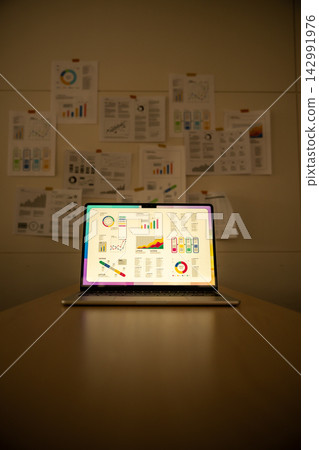 Graphs and analysis data displayed on the laptop screen Graphs and analysis data displayed on the laptop screen 142991976