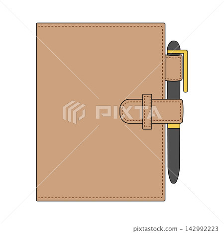A simple illustration of a notebook with a belt and a pen. 142992223