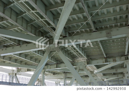 從神戶市樽見區舞妓海濱長廊看到的明石海峽大橋鋼結構。 從神戶市樽見區舞妓海濱長廊看到的明石海峽大橋鋼結構。 142992938