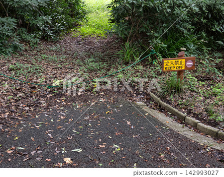 一條繩索和一個標誌表明,禁止從公園指定的路徑進入未鋪設路面的道路。 一條繩索和一個標誌表明,禁止從公園指定的路徑進入未鋪設路面的道路。 142993027