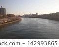 Spring cherry blossoms blooming, blue sky reflected on the river surface 142993865