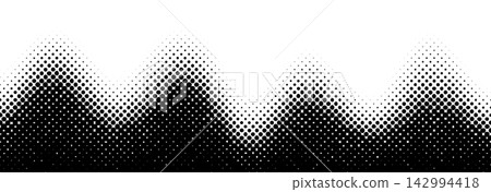 Abstract wavy dotted gradation wallpaper. Halftone gradient curve texture background. Black and white curvy comic pop art backdrop. Retro dotted manga or anime style transition overlay. Vector  142994418