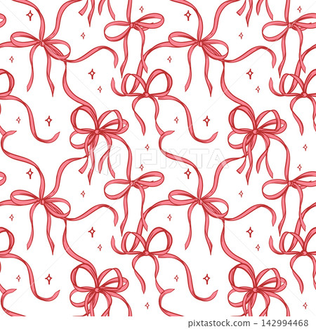Seamless pattern of stylish pink bows. Vector wedding background or Valentines Day, gift wrapping, greeting cards, invitation. Coquette style. Hand drawn Line ink sketch. Festive romantic event Decor Seamless pattern of stylish pink bows. Vector wedding background or Valentines Day, gift wrapping, greeting cards, invitation. Coquette style. Hand drawn Line ink sketch. Festive romantic event Decor 142994468