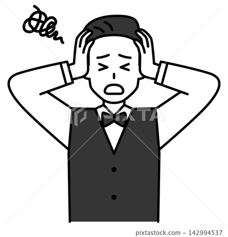 A male restaurant employee is troubled and holding his head in his hands. A male restaurant employee is troubled and holding his head in his hands. 142994537