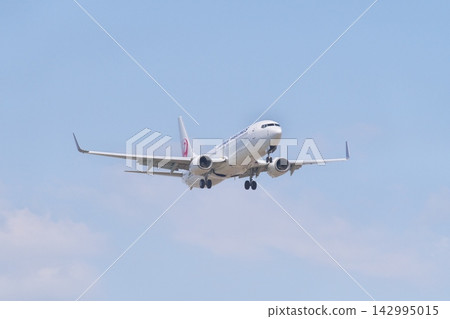 A Japan Airlines Boeing 737-800 in landing approach. A Japan Airlines Boeing 737-800 in landing approach. 142995015
