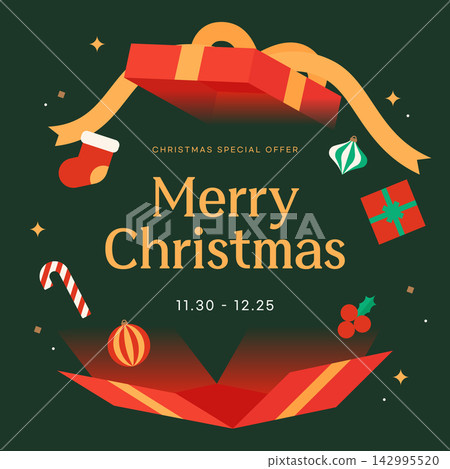 Merry Christmas special offer sale banner with open gift box and ornaments Merry Christmas special offer sale banner with open gift box and ornaments 142995520