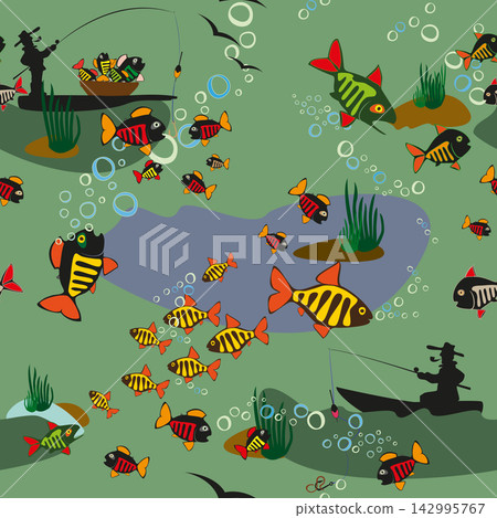 Beautiful Fish. Pattern Fishing. Beautiful summer hobby. Vector poster. EPS. Beautiful Fish. Pattern Fishing. Beautiful summer hobby. Vector poster. EPS. 142995767