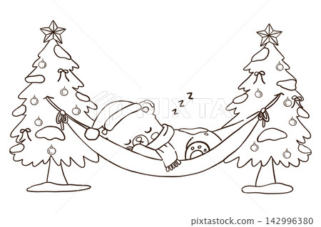 Cute Christmas bear sleeping in a hammock between decorated trees, wearing Santa hat and scarf in a cozy festive winter outline doodle scene Cute Christmas bear sleeping in a hammock between decorated trees, wearing Santa hat and scarf in a cozy festive winter outline doodle scene 142996380