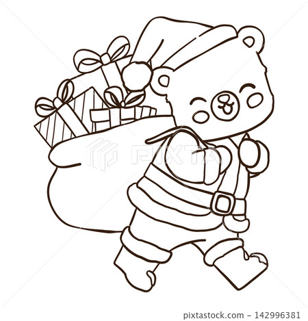 Cute Christmas bear dressed as Santa carrying a large sack filled with gift boxes, ribbons, and bows in a playful holiday outline doodle illustration Cute Christmas bear dressed as Santa carrying a large sack filled with gift boxes, ribbons, and bows in a playful holiday outline doodle illustration 142996381