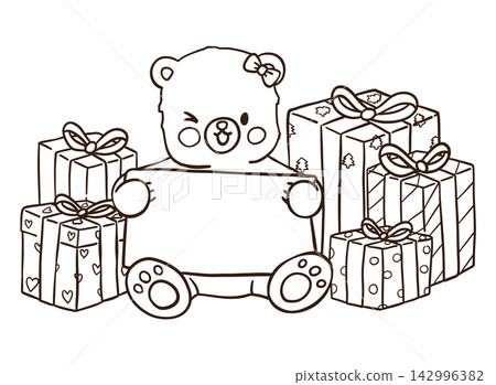 Cute Christmas bear holding a blank sign among gift boxes, presents, ribbons, and bows, creating a festive outline doodle scene with copy space for custom holiday messages Cute Christmas bear holding a blank sign among gift boxes, presents, ribbons, and bows, creating a festive outline doodle scene with copy space for custom holiday messages 142996382