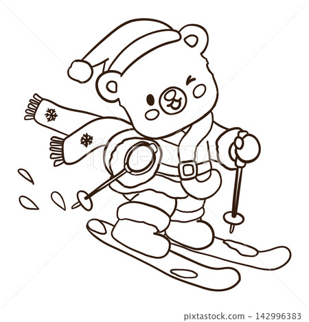 Cute Christmas bear skiing downhill with Santa hat, snowflake scarf, winter outfit, ski poles, and flying snow in a playful festive outline doodle illustration Cute Christmas bear skiing downhill with Santa hat, snowflake scarf, winter outfit, ski poles, and flying snow in a playful festive outline doodle illustration 142996383