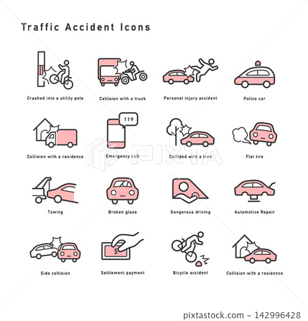 A set of colored icons related to traffic accidents and dangerous driving. A set of colored icons related to traffic accidents and dangerous driving. 142996428