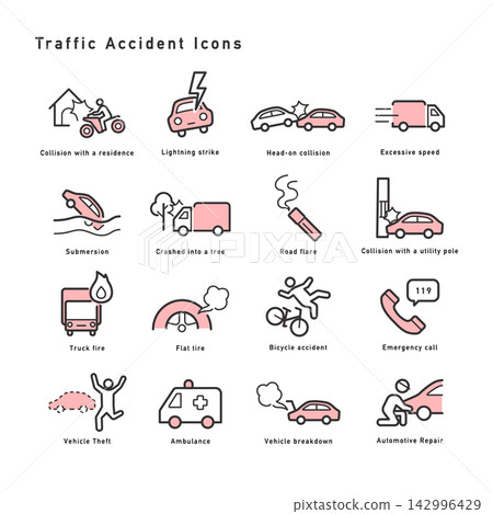 A set of colored icons related to traffic accidents and dangerous driving. 142996429