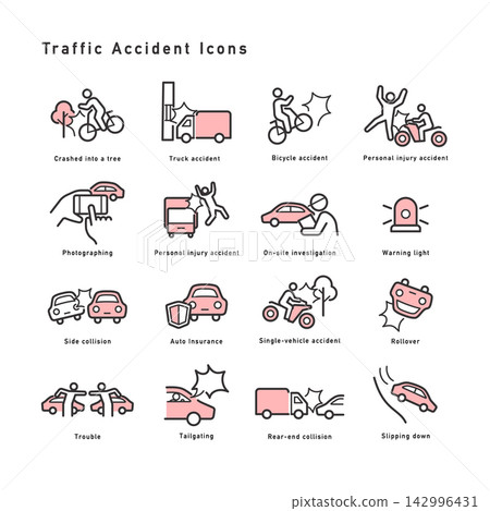 A set of colored icons related to traffic accidents and dangerous driving. A set of colored icons related to traffic accidents and dangerous driving. 142996431