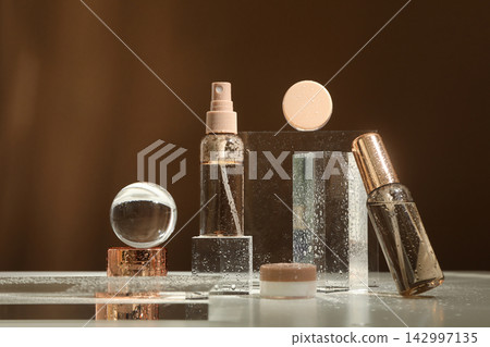 Skin care products in unique containers are on display Skin care products in unique containers are on display 142997135