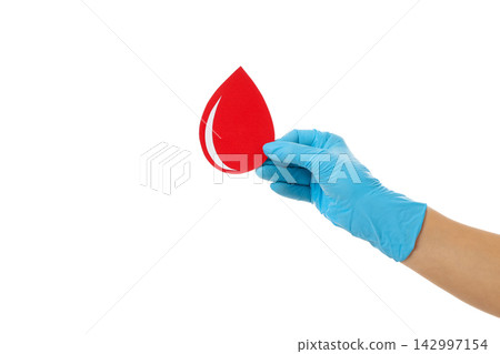 Hand with artificial blood drop symbol, isolated on white, PNG Hand with artificial blood drop symbol, isolated on white, PNG 142997154