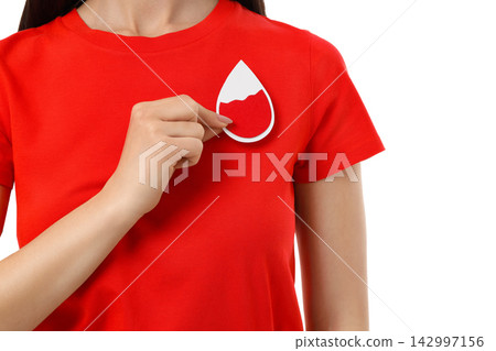 Person in red shirt with awareness sticker, isolated on white, PNG Person in red shirt with awareness sticker, isolated on white, PNG 142997156