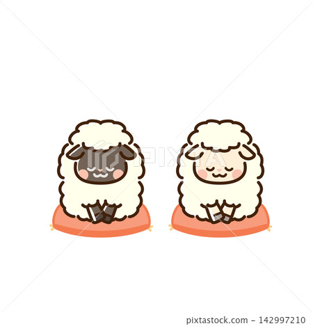A pair of sheep bowing while sitting in the seiza position. A pair of sheep bowing while sitting in the seiza position. 142997210