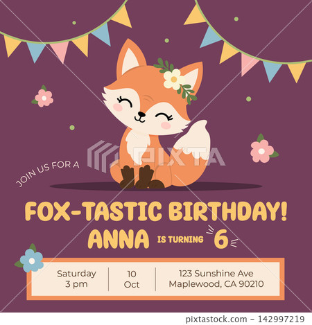 Fox Birthday Invitation Card Template with Animal Bunting Flags and Floral Crown Accent for Kids Party Celebration 142997219