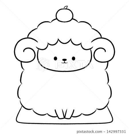 A black and white sheep sitting with an orange on its head. A black and white sheep sitting with an orange on its head. 142997331