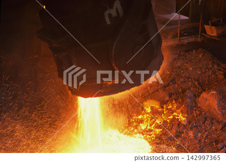 Molten Metal Pouring in Industrial Foundry with Sparks Molten Metal Pouring in Industrial Foundry with Sparks 142997365