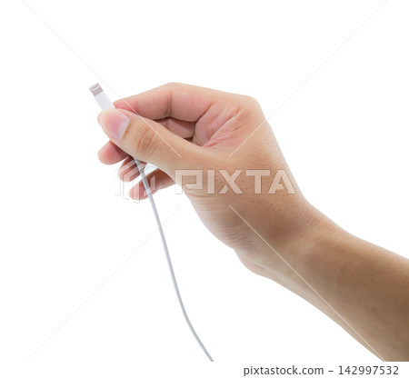 Hand Holding Smartphone Charging Cable on White Background Hand Holding Smartphone Charging Cable on White Background 142997532