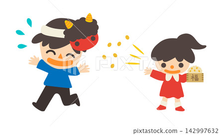 Setsubun (Bean-Throwing Festival): A man wearing a red demon mask and a girl throwing beans - Vector illustration 142997632