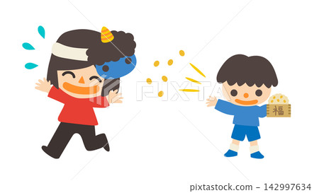 Setsubun (Bean-Throwing Festival): A woman wearing a blue demon mask and a boy throwing beans - Vector illustration 142997634
