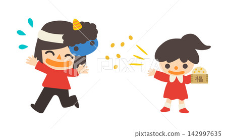 節分（撒豆節）：一位戴著藍色惡魔面具的女子和一位正在撒豆的女孩 - 向量圖 142997635