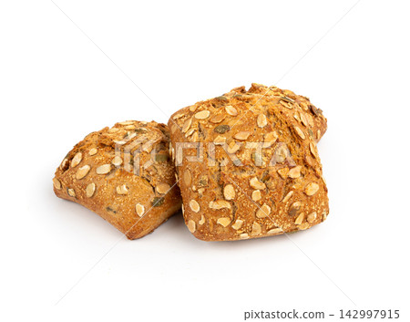 Pumpkin seeds bread isolated, breakfast roll with pepita seeds. Fitness square bun, healthy burger Pumpkin seeds bread isolated, breakfast roll with pepita seeds. Fitness square bun, healthy burger 142997915