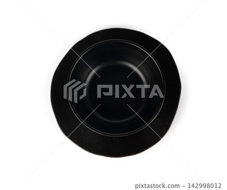 Empty bowl isolated, black plate banner, dark porcelain dish mockup, kitchen template 142998012