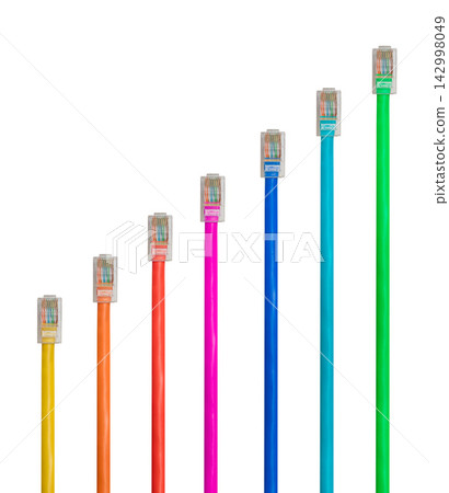 Colorful Ethernet Cables Rising Like Bar Chart on White Colorful Ethernet Cables Rising Like Bar Chart on White 142998049