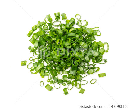 Green Onion Cuts Isolated, Scattered Fresh Chive Pile Green Onion Cuts Isolated, Scattered Fresh Chive Pile 142998103