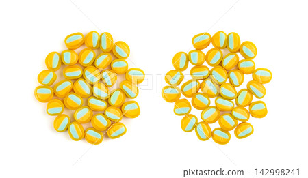 Round gummy candy piles set isolated. Small chewing colorful jellybeans, marmalade cuts, pills Round gummy candy piles set isolated. Small chewing colorful jellybeans, marmalade cuts, pills 142998241