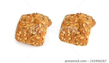 Pumpkin seeds bread isolated, breakfast roll with pepita seeds. Fitness square bun, healthy burger Pumpkin seeds bread isolated, breakfast roll with pepita seeds. Fitness square bun, healthy burger 142998267