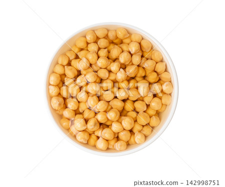 Soaked chickpeas, chick pea in water, swollen wet Cicer arietinum fruits, garbanzo beans cooking 142998751