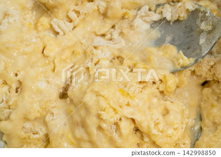 Making dough with spoon, kneading batter for pancakes Making dough with spoon, kneading batter for pancakes 142998850