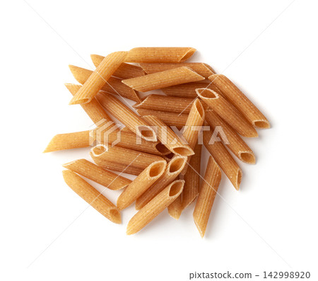 Raw Brown Pasta, Wholegrain Penne, Dry Whole Grain Noodle, Raw Spelt Macaroni, Healthy Italy Food 142998920