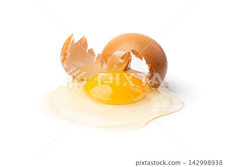 Broken Egg Isolated, Raw Yolk and White, Cracked Brown Shell, Fresh Broken Chicken Eggs on White Background Broken Egg Isolated, Raw Yolk and White, Cracked Brown Shell, Fresh Broken Chicken Eggs on White Background 142998938