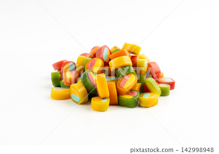 Round gummy candy piles set isolated. Small chewing colorful jellybeans, marmalade cuts, pills Round gummy candy piles set isolated. Small chewing colorful jellybeans, marmalade cuts, pills 142998948